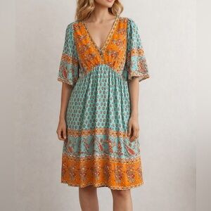 Suzanne Betro Turquoise and Orange Paisley Midi Dress Size XL